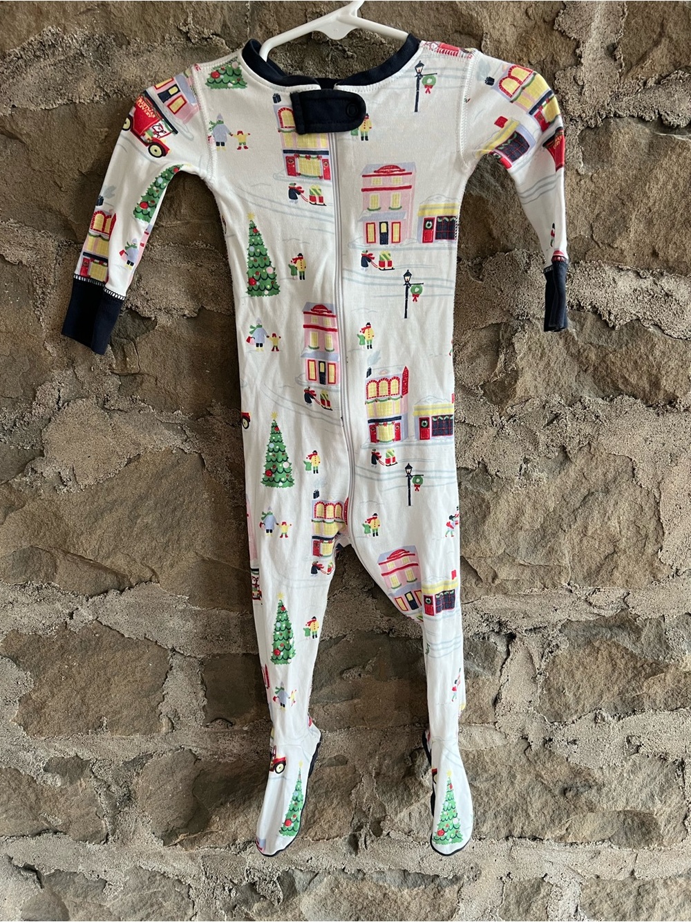 TBBC size 6-12 footed one piece pajamas in Merry Little main print.